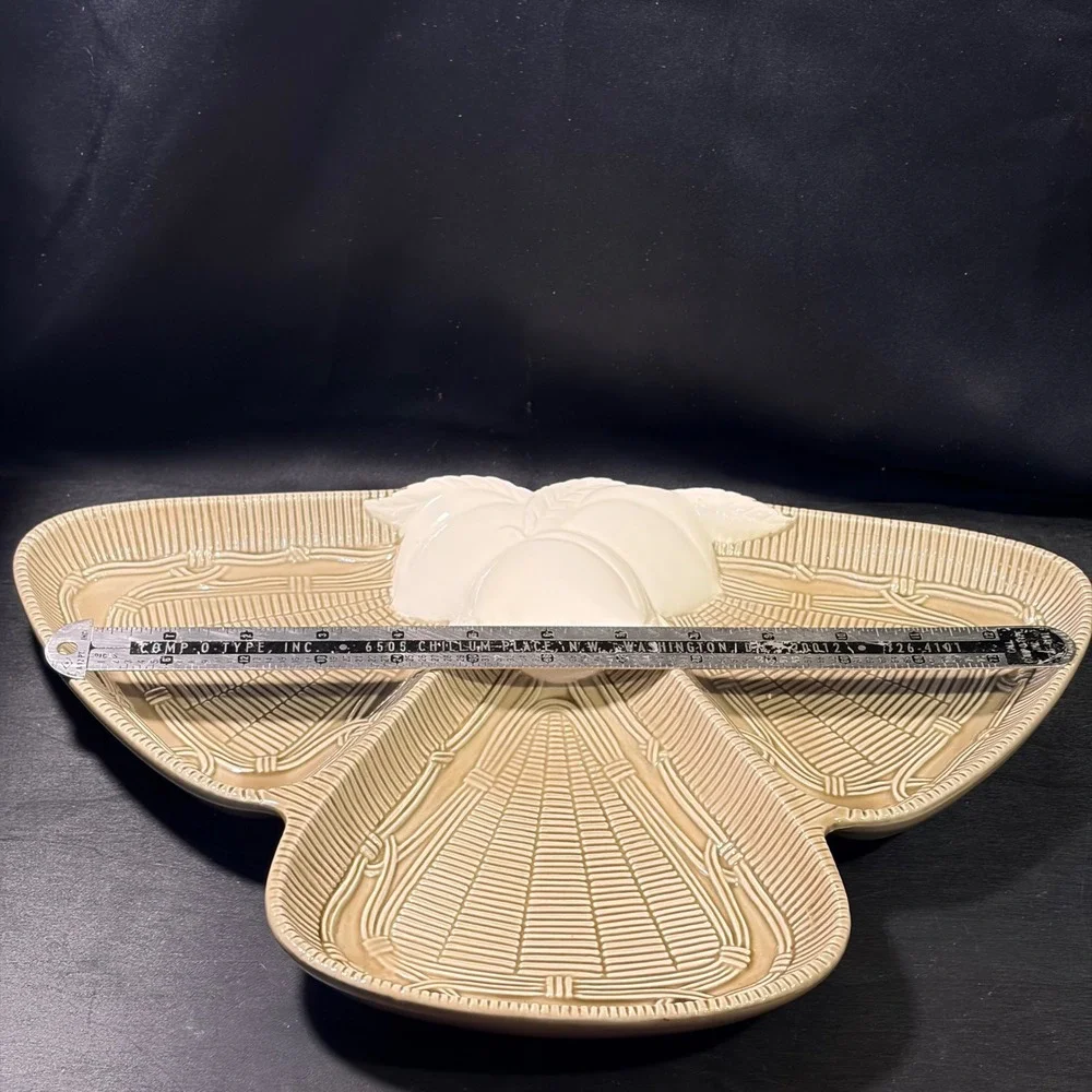 Vintage Georges Briard Ceramic Divided Serving Dish White Peaches Basketweave